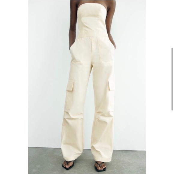 NWT Zara Strapless Wide Leg Cargo Jumpsuit in Off-White - Picture 9 of 16